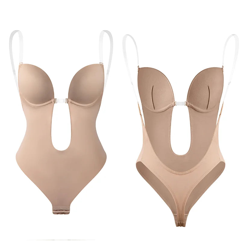 Women U Plunge Backless Bodysuit Shapewear – Deep V-Neck Tummy Control Body Shaper