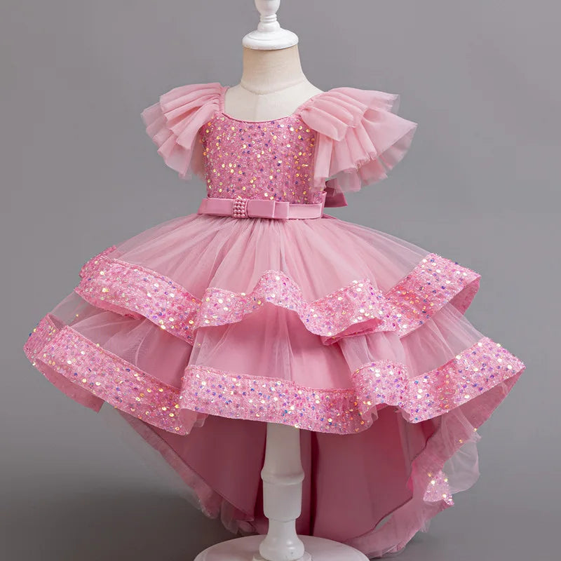 Sparkling Girls' Evening Gown - Sequin Dress with Train for Birthday Party & Piano Recital