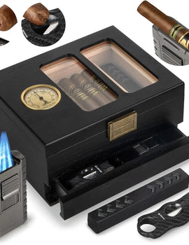 Cigar Humidor, Glass Top Cedar Wood Humidor Box, Cigar Case for 20-35 Cigars with Hygrometer, Cigar V-Cutter, Desktop Humidor