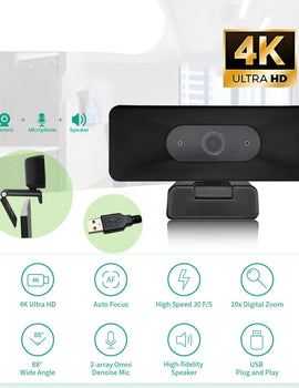 4K UHD Webcam 10X Zoom Web Cam for Pc 13MP Autofocus USB Camera with Microphone for Laptop Online Teaching Video Conference