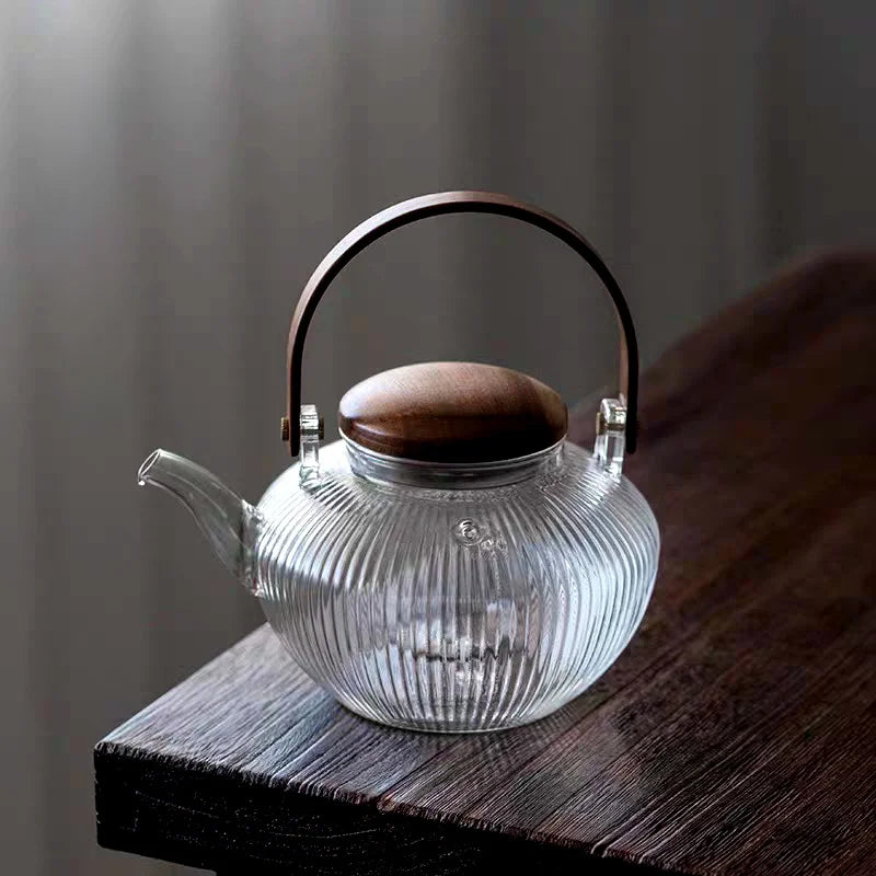 800ml Vertical Stripes Glass Teapot with Wooden Beam Handle and Tea Infuser