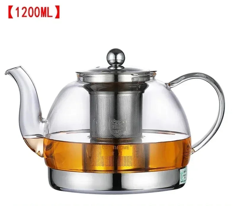 Heat Resistant Borosilicate Glass Teapot with Stainless Steel Infuser for Induction Cooker 1.2L