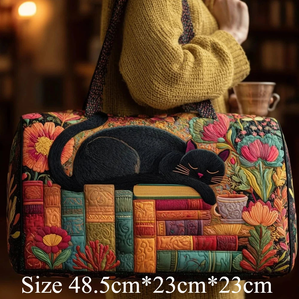 Cute 3D Quilted Cat Tote Bag Halloween Pumpkin Fall Leaves Floral Print Unique Travel Handbag Gift for Cat Lovers Shoulder Purse
