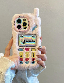 INS Y2K Furry Retro Call Heart Phone Case For iPhone 16 15 14 Pro Max 13 Plus Girl Camera Bracket Winter Silicone Cover