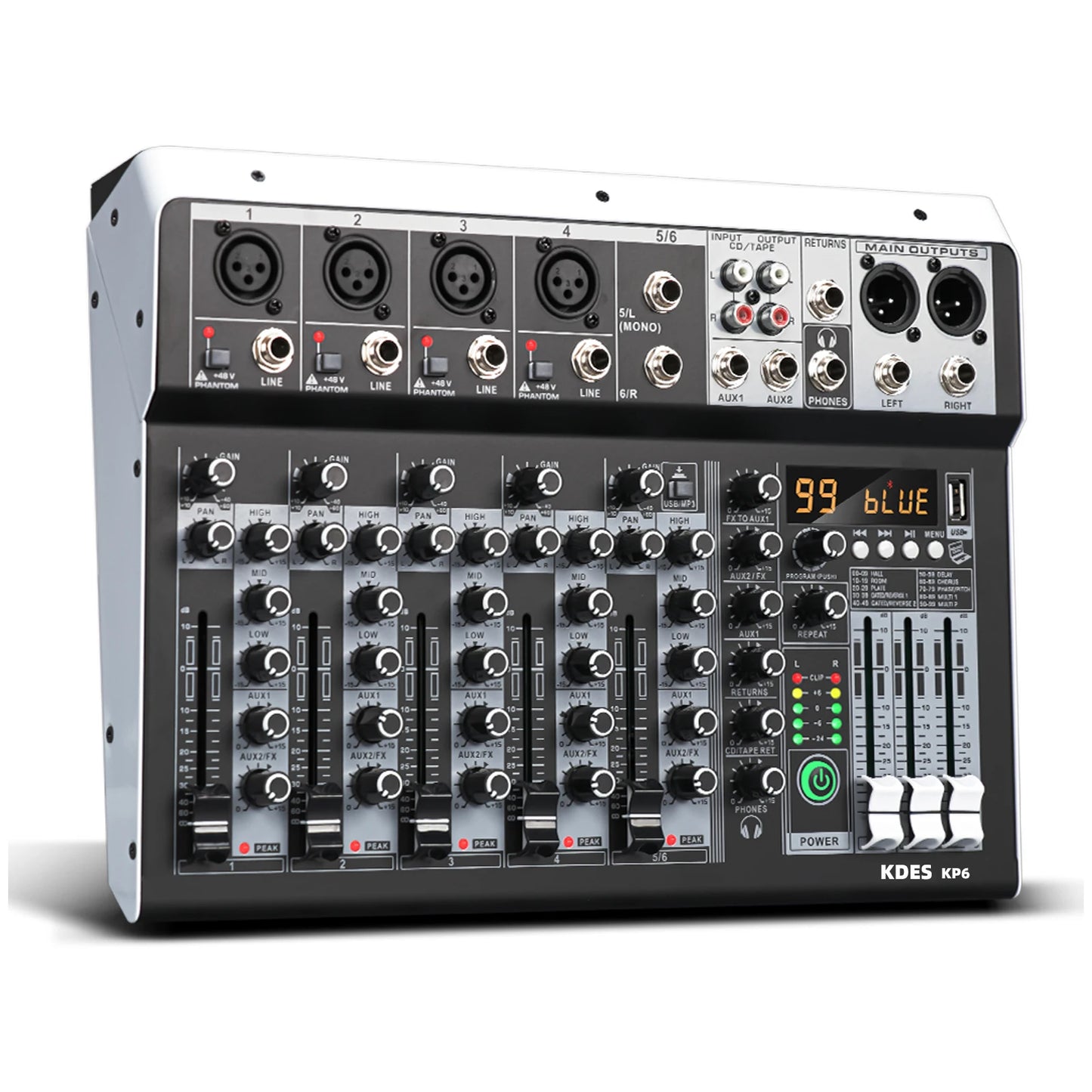 6 Channel Audio Mixer With 99 DSP Effects USB Bluetooth And 48V Phantom Power