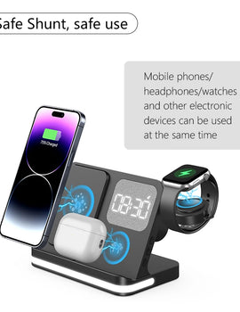 Four in one desktop clock wireless charger that can charge phones, headphones, and watches simultaneously