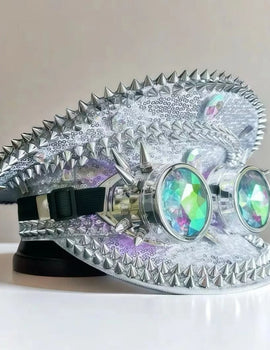 Silver Steampunk Captain Hat Rivet Rhinestone Goggles Masquerade Military Cap Women Sequin Music Festival Handmade Unisex Adult