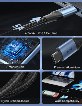 240W PD3.1 USB Type C to Type C Cable 5A 48V Fast Charger for Samsung Xiaomi iPhone 15 Macbook Laptop USB Cable