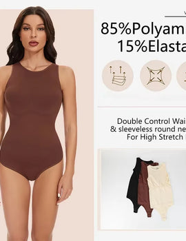 Tank Top Bodysuit Women Seamless Tummy Control Bodysuit Shapewear Crew Neck Thong Snap Waist Trainer Body Shaper