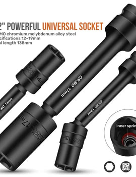 Impact Swivel Hex Socket Head Adapter 1/2-Inch Drive Universal Joint Cr-Mo Steel Spanner Converter 12-19mm