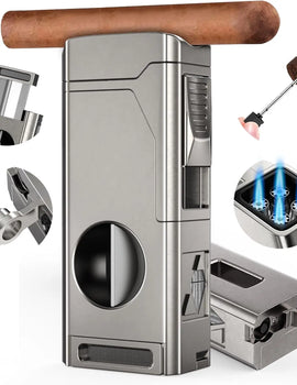 Cigar Lighter 4 Jet Flame,Refillable Butane Lighter with Cigar Cutter V Cut Cigar Punch Cigar Holder Cigar Draw Enhancer