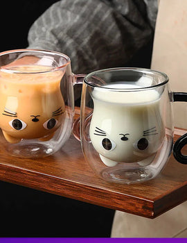 250ml Cartoon Cat Double Wall Glass Cute Coffee Tea Cup Heat-resistant Coffee Mug Handle Espresso Cup For Latte Cappuccino