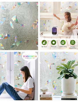 Wide 75/90 cm 3D Vinyl Window Privacy Film, Heat Insulation Rainbow Window Films, UV Protection Decorative Glass Stickers