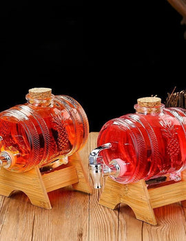 1L Glass Whiskey Barrel Wine Barrel Beer Bottle Fruit Aging Alcohol Honey Storage Container With Base Faucet Bar Tool