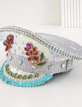 White Steampunk Rhinestone Captain Hat for Burningman Festival Woman, Vintage Military Cap for Man New Designs