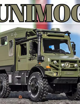 1:28 Scale Unimog U5000 Land Rover Defender Toy Car Model Rubber Tire Alloy Diecast Sound Light Off-Road Vehicle Toy