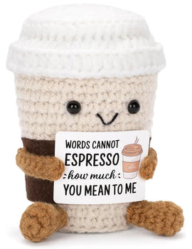 2 Pcs Funny Crochet Emotional Support Coffee Doll With Card Desktop Ornament Handmade Knitted Coffee Dolls Christmas Gifts Home Decor
