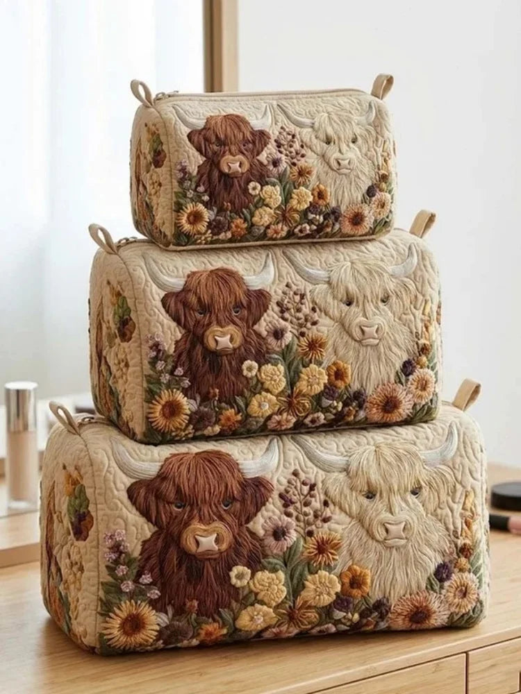 3-Size Quilted Cosmetic Bag 3D Printed Cute Animal Floral Printed Patchwork Makeup Toiletry Pouch Travel Organizer Storage Box