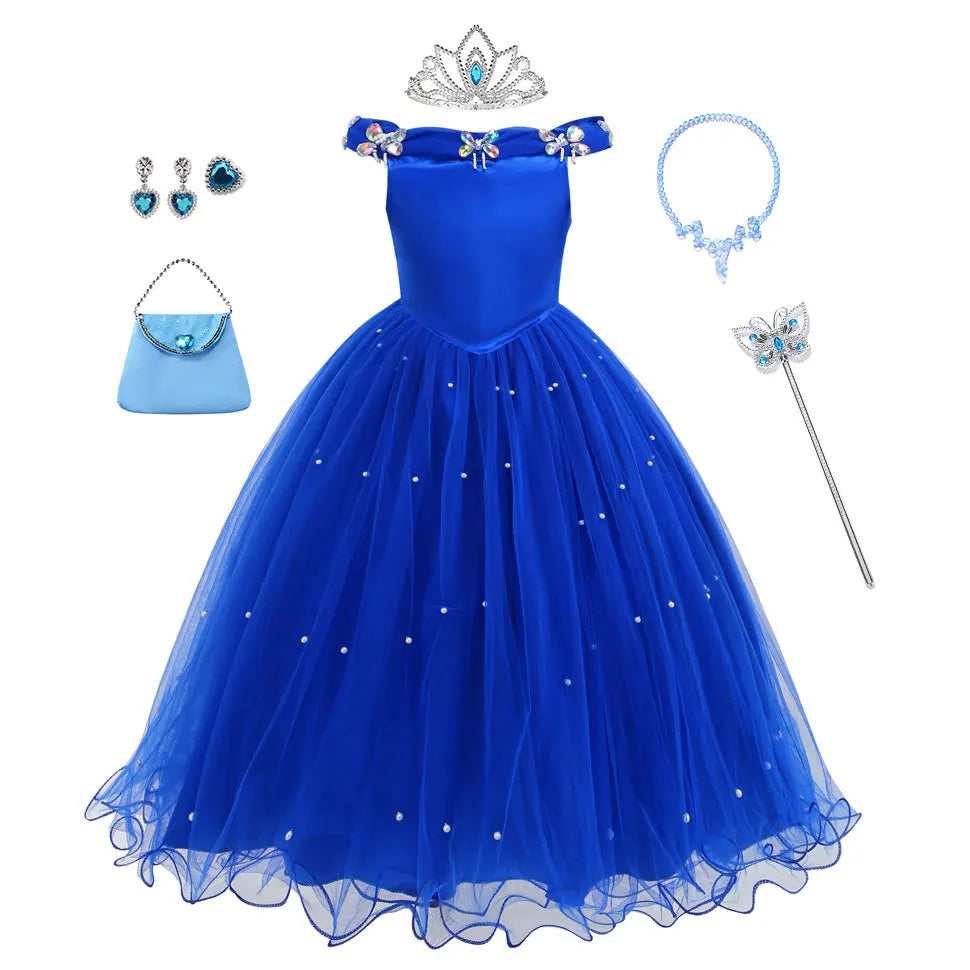 Blue Pearl Embellished Princess Ball Gown Dress