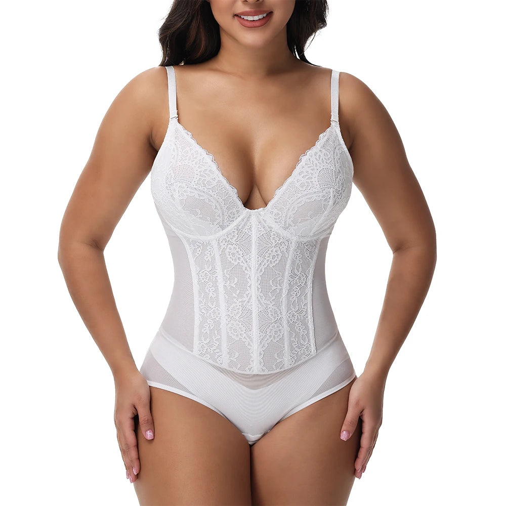 Lace Bodysuit for Women – V-Neck Backless Tummy Control Shapewear
