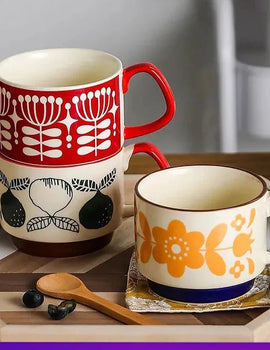 Japanese Flower Coffee Mug Set Retro Ceramic Milk Oats Mug Office Water Handgrip Cup Kitchen Party Drinkware Set 300ml