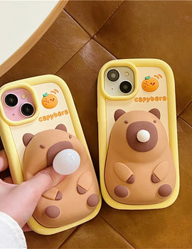 Cute Cartoon Capybara Squishies Phone Case For iPhone 15 13 14 Pro Max Blowing Bubble Lens Protection Soft Silicone Cover