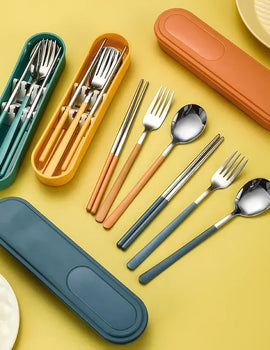 Portable Stainless Steel Cutlery Set with Storage Box, 304 Steel Fork Spoon, Travel Flatware for Student Outdoor, Dinnerware Set