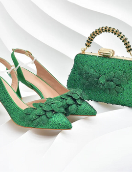 Italian Design Luxury Women's Pointed Toe Shoes Bag Set Full Diamond Decoration Party Women Shoes Fashion