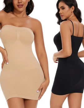 Full Slip Shapewear Women Dress Off Shoulder Bodycon Strapless Underdress Smooth Compression Body Shaper Slimming Waist