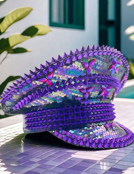 Violet Pool & Beach Steampunk Top Hat, Elegant Captain Hat Rhinestone Burning Man Woman, Party Caps for Man Original