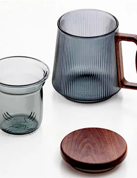 500ML Stripe Heat Resistant Glass Tea Water Separation Tea Cup With Wood Handle Filter Brewing Puer Cups Kung Fu Tea Mug Set