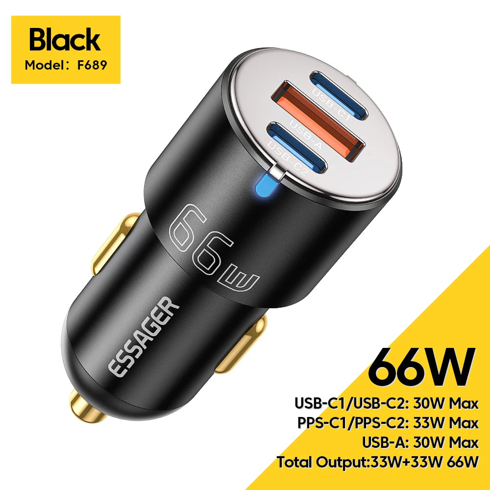 66W USB-C + USB-A Fast Car Charger (PD + QC 3.0)