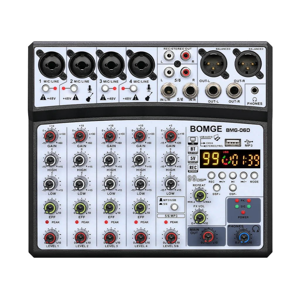 6 Channel Audio Mixer Console with USB Bluetooth 99 DSP Effects and 48V Phantom Power