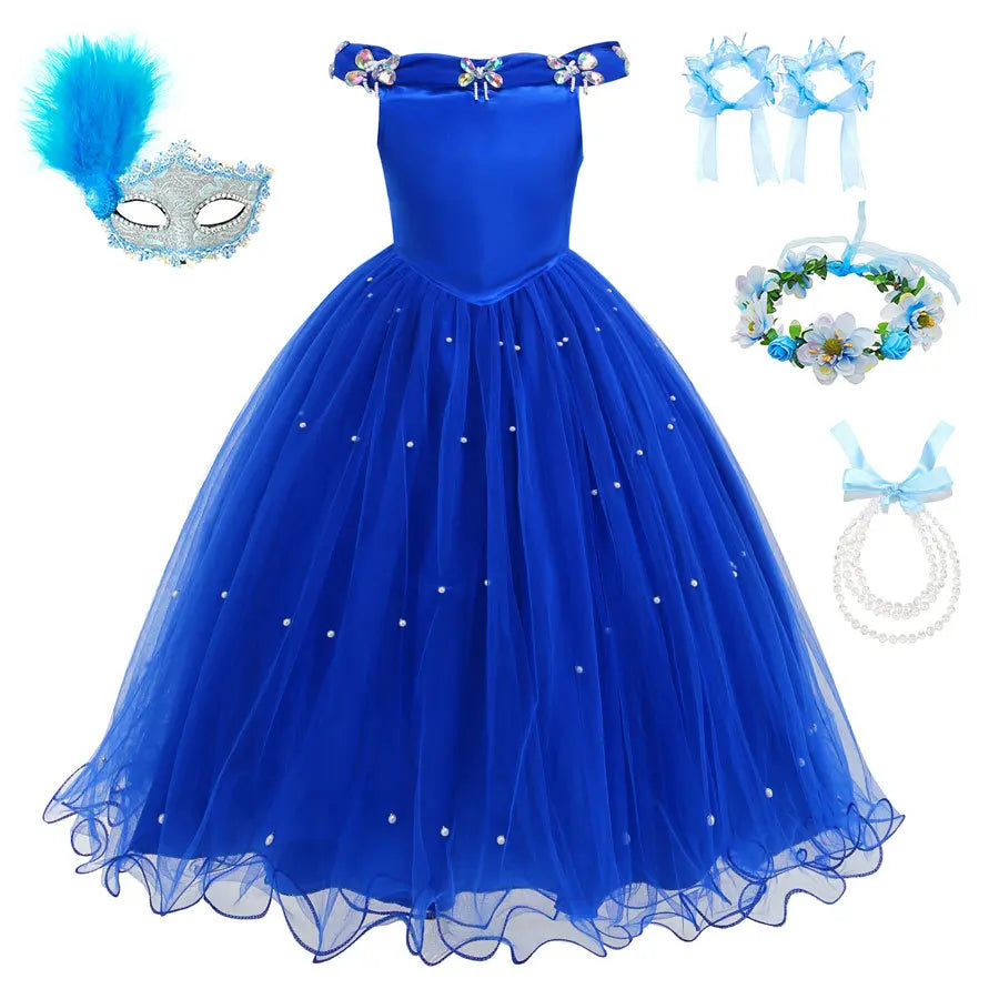 Christmas Halloween Blue Ball Gown - Girls Pearl-Embellished Tulle Dress with Lace Sleeves Princess Birthday Party Dress for Kid