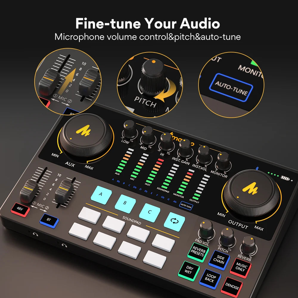 AME2 Audio Interface Sound Card DJ Mixer All in One Portable Podcast Studio for Recording,Live Streaming,Youtube,Guitar,PC