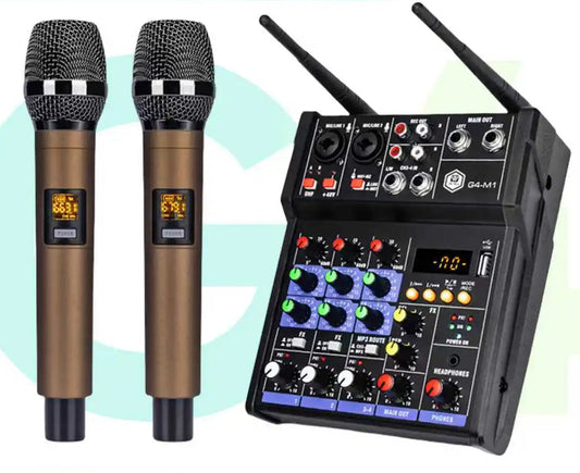 4 Channel Audio Mixer With UHF Wireless Microphone Kit Bluetooth USB And 48V Phantom Power