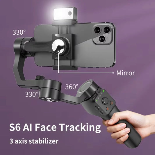 S6 3-Axis Gimbal Gesture control & fill light for smooth vlogs, streams & selfies. Compact & durable, perfect for creator