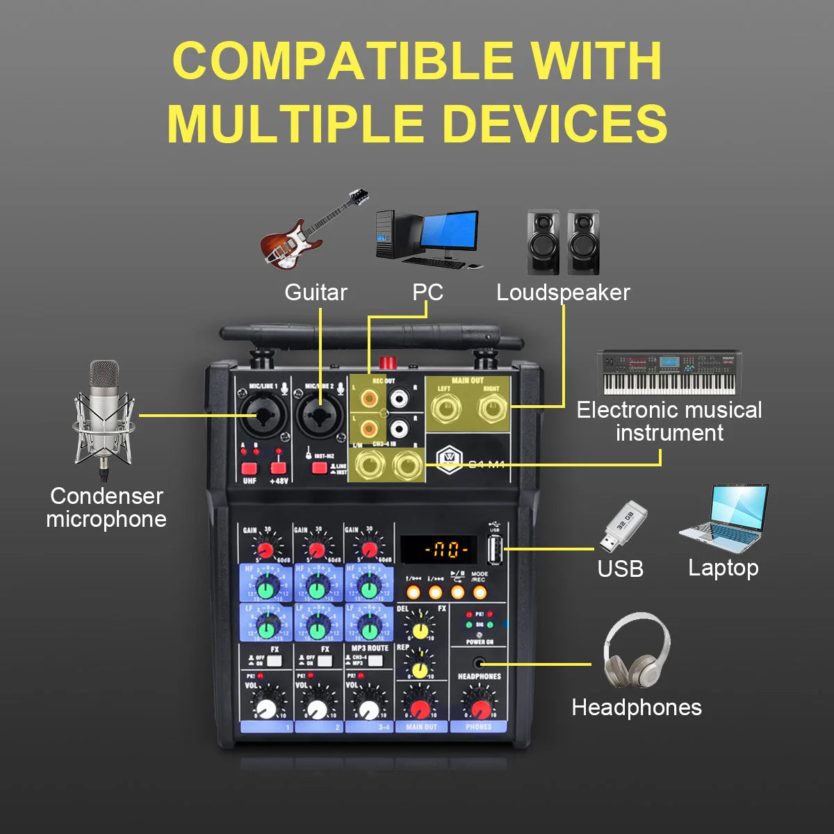 Winmix 4-Channel Audio Mixer Console with UHF Wireless Microphone Kit Bluetooth USB Audio Interface,for DJ Karaoke PC Guitar