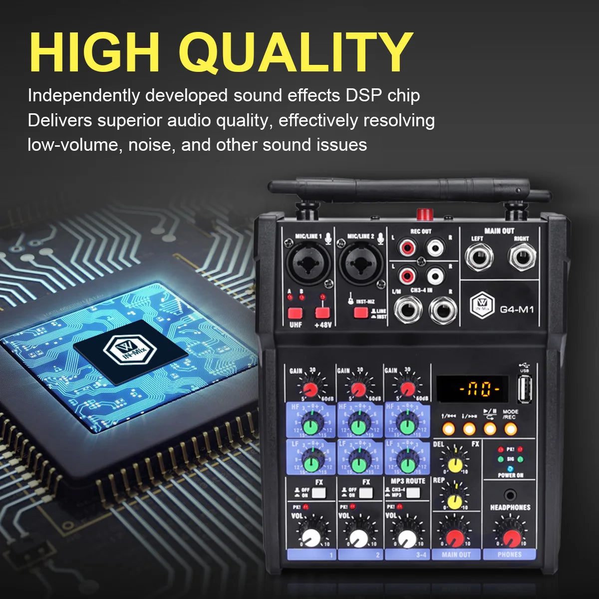 Winmix 4-Channel Audio Mixer Console with UHF Wireless Microphone Kit Bluetooth USB Audio Interface,for DJ Karaoke PC Guitar