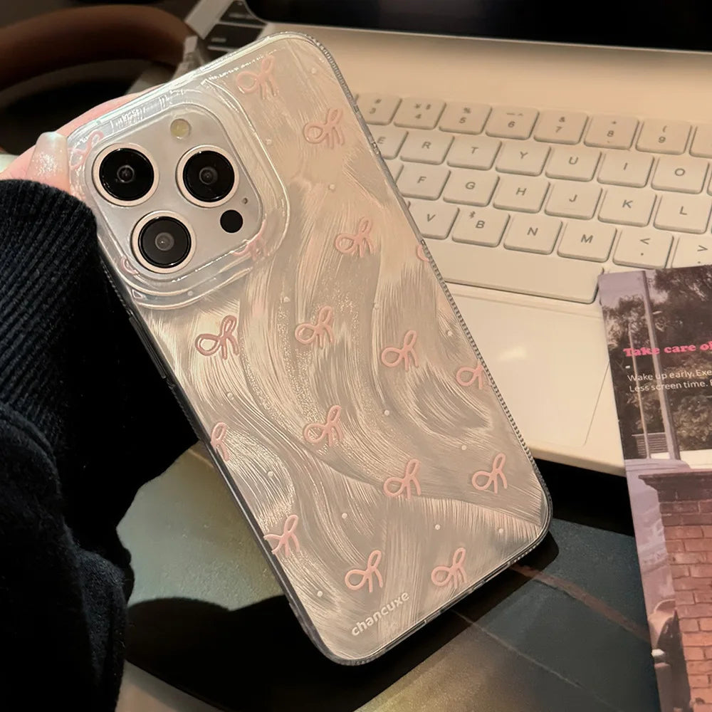 Luxury Laser Silver Bow knot Case for iPhone 17 Air 16 15 14 Pro Max Plus 16E Shockproof Bumper Fundas