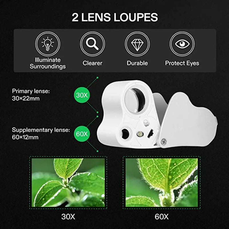 30X 60X LED Jewelry Loupe Magnifier Foldable Dual Lens