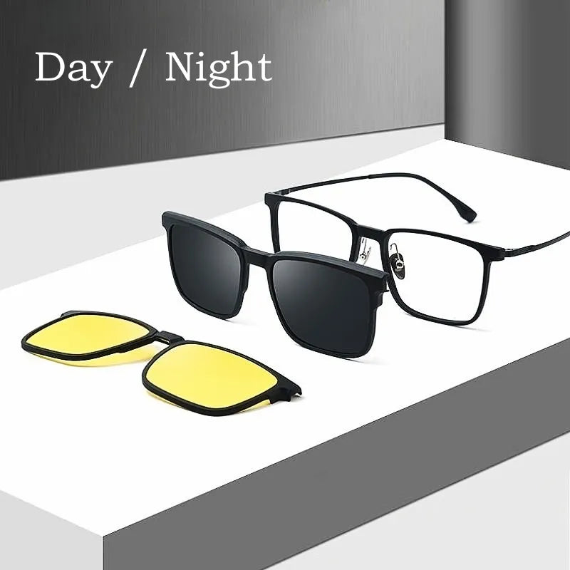 Fashion Polarized  Clip On Glasses TR90 Pure Titanium Retro Square Optical Prescription Eyeglasses Frame Men