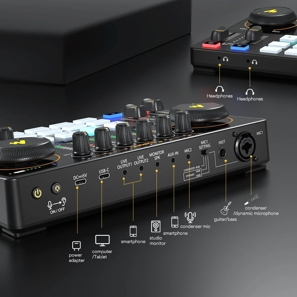 AME2 Audio Interface Sound Card DJ Mixer All in One Portable Podcast Studio for Recording,Live Streaming,Youtube,Guitar,PC
