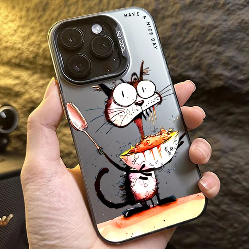 Personalized graffiti Cartoon Cat Phone Case For iPhone 15 16 Pro Max 14 Lens protect plating Cover