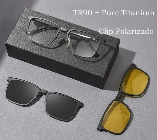 Fashion Polarized Magnetic Clip On Glasses TR90 Pure Titanium Retro Square Optical Prescription Eyeglasses Frame Men