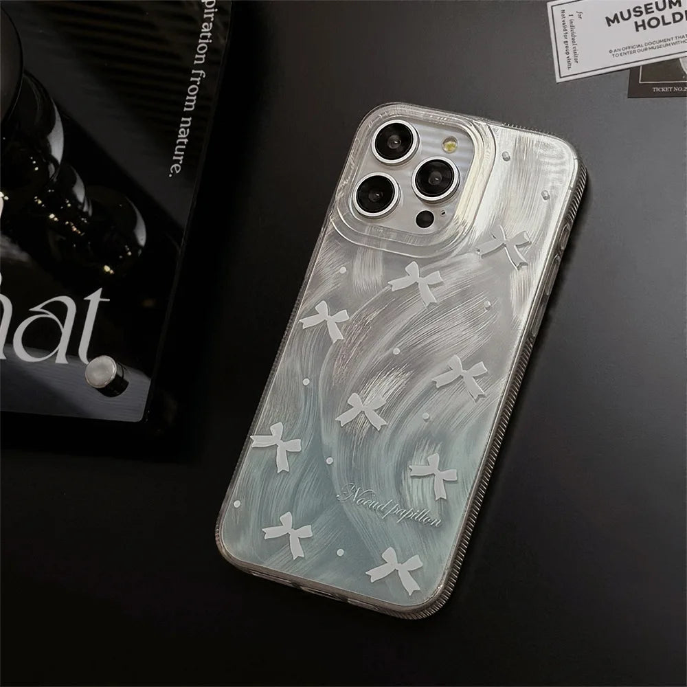 Luxury Laser Silver Bow knot Case for iPhone 17 Air 16 15 14 Pro Max Plus 16E Shockproof Bumper Fundas