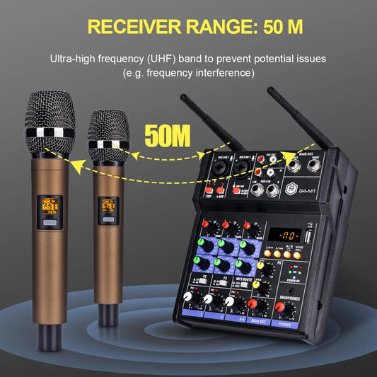 4 Channel Audio Mixer With UHF Wireless Microphone Kit Bluetooth USB And 48V Phantom Power