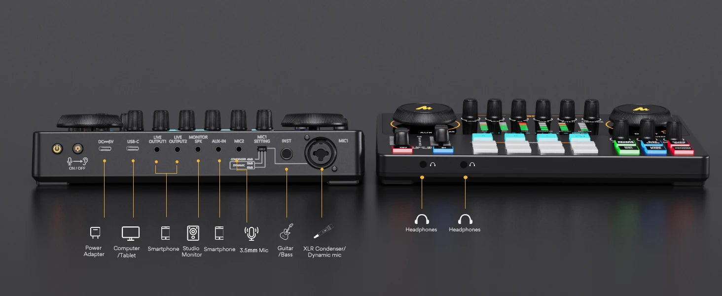 AME2 Audio Interface Sound Card DJ Mixer All in One Portable Podcast Studio for Recording,Live Streaming,Youtube,Guitar,PC