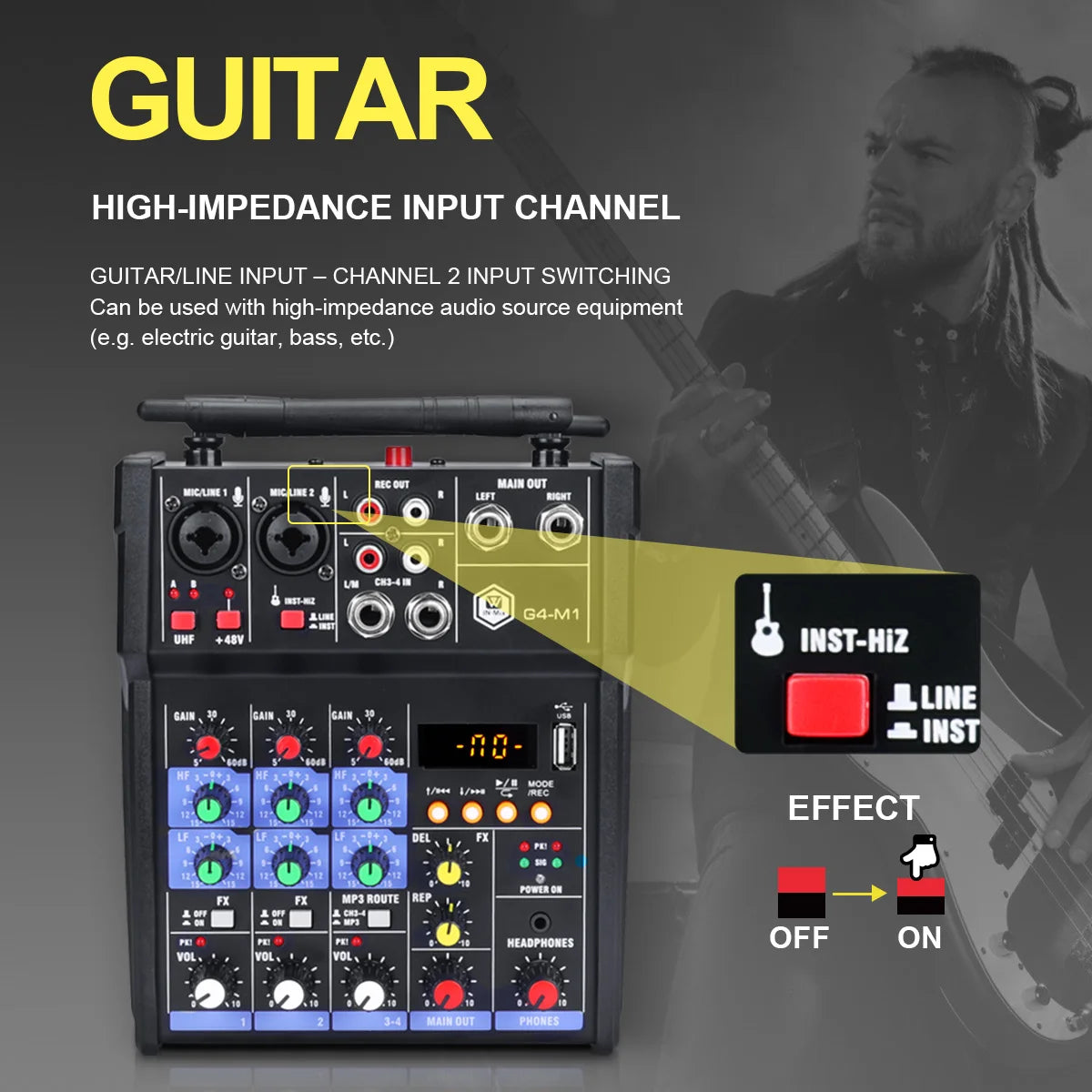 Winmix 4-Channel Audio Mixer Console with UHF Wireless Microphone Kit Bluetooth USB Audio Interface,for DJ Karaoke PC Guitar