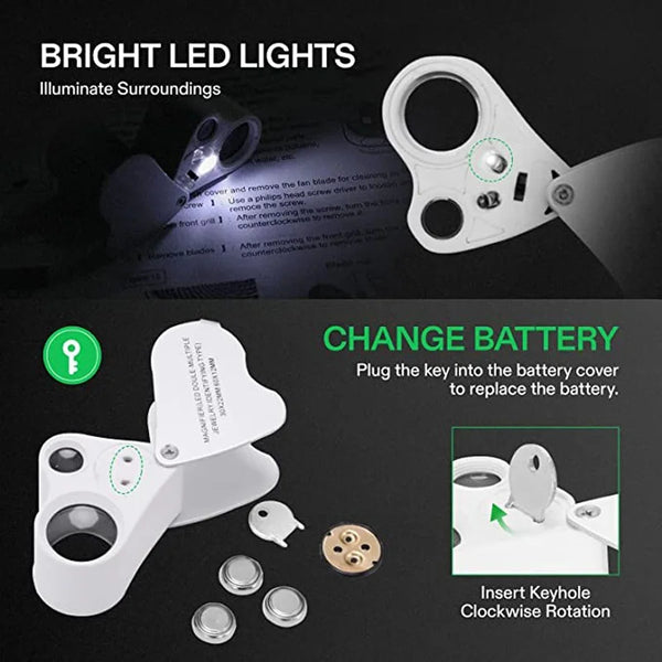 30X 60X LED Jewelry Loupe Magnifier Foldable Dual Lens